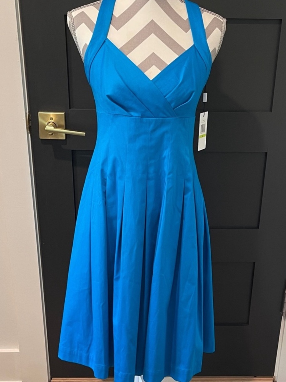 Calvin Klein Cotton Pleated Blue Halter Dress Size 4 NWT